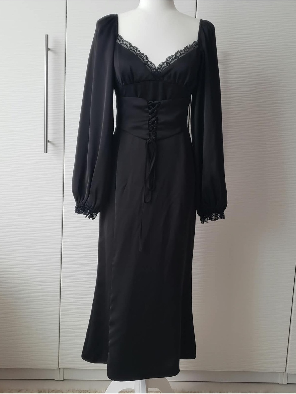 The One by Lichi Black Lace-Trim Long Sleeve Midi Dress with Corset Waist